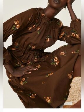 $425 Pamela Love Brown Cotton Floral Ruffle Midi Dress